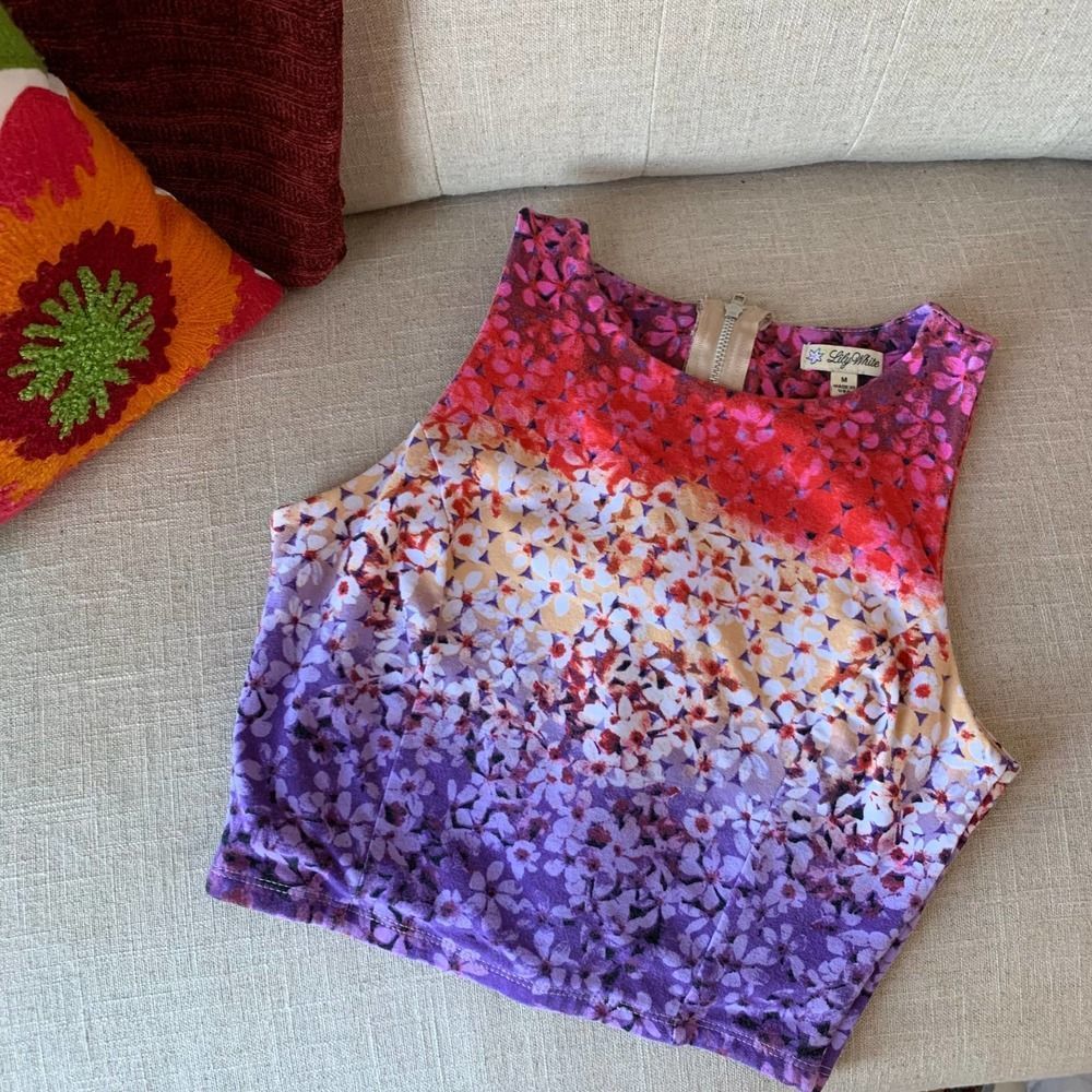 Lily White Made in USA Purple Red Cream Colorful Floral Crop Top Size Medium M